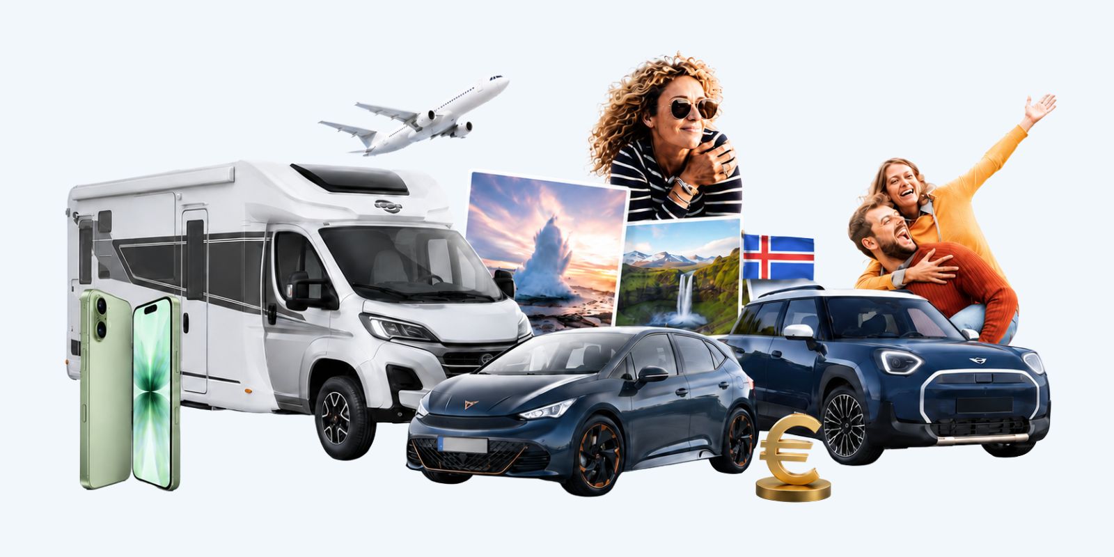Collage mit Sonderverlosungen 2027: Smartphone, Wohnmobil, Fahrzeuge, Reiseerlebnis, Islandreise und glückliches Paar.